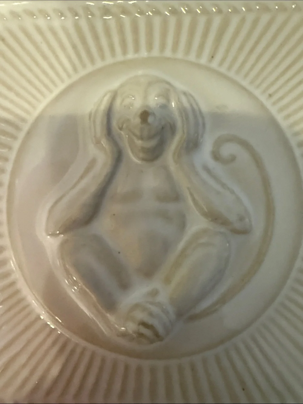 Juliska Cream Ceramic Square Dish with Monkey Medallion- Hear No Evil
